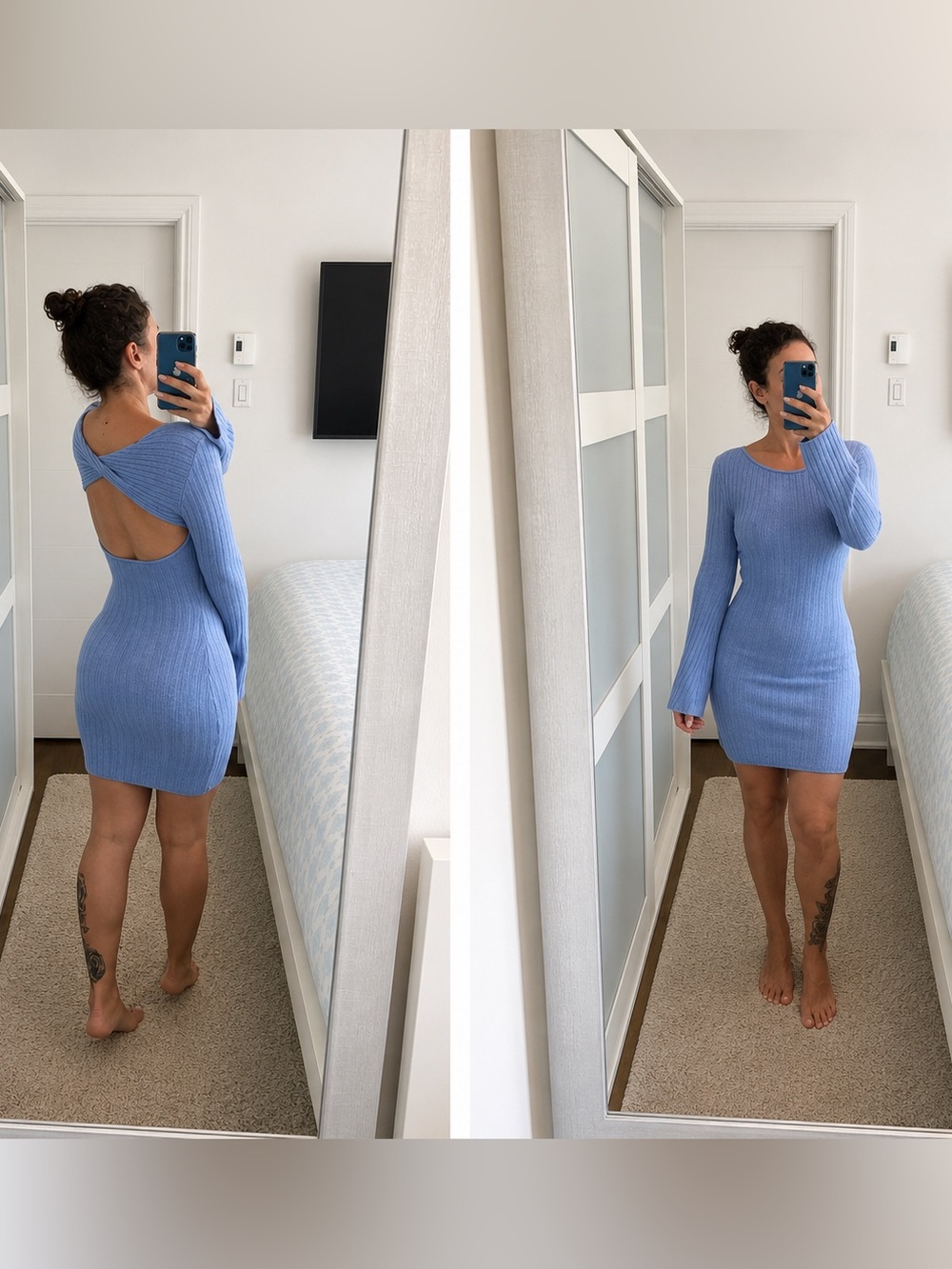 H&M Light Blue Ribbed Open-Back Knit Mini Dress